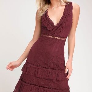 NWT Lulus "Brynn" Burgundy Lace Ruffled Midi Dress Size Medium